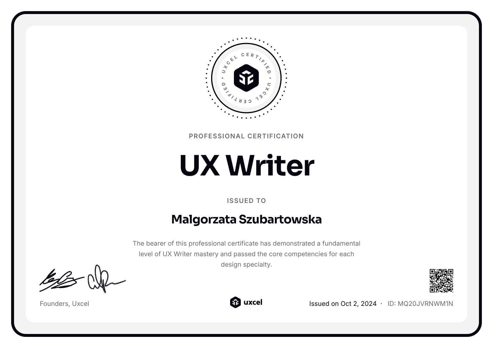 Malgorzata Szubartowska's certificate